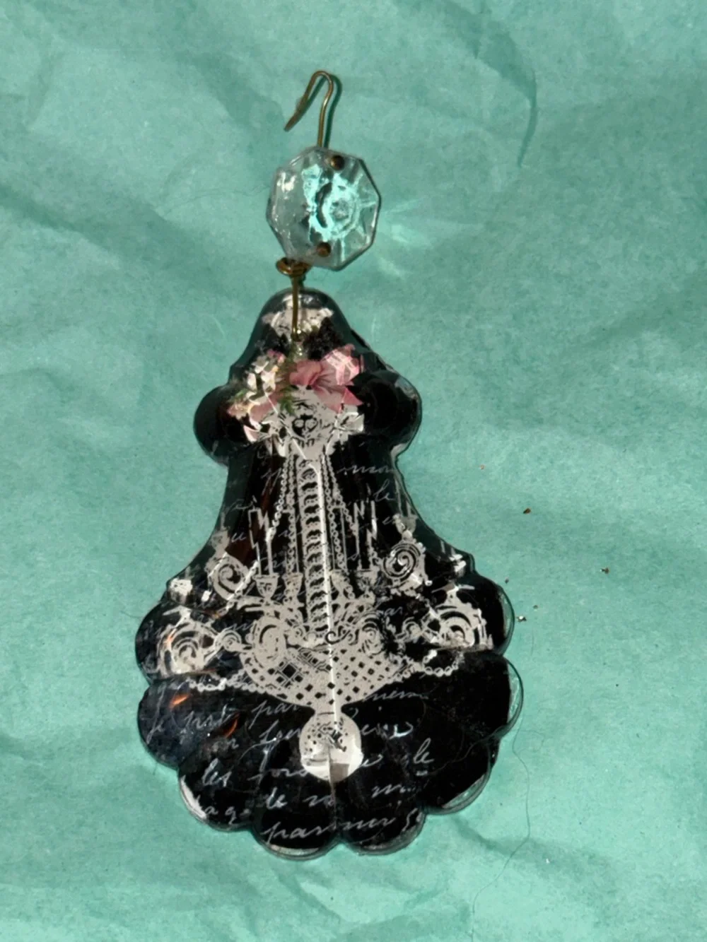 Artisan Black and Pink Floral Script Holiday Ornament with Crystal Bead - Picture 3 of 3